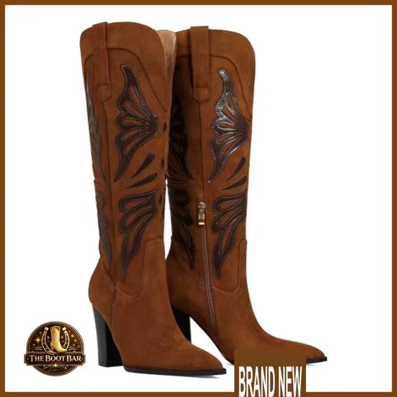 Pointed Toe Cowboy Boots Chunky Heel Knee High Wide Calf Western Elegant - Picture 4 of 7